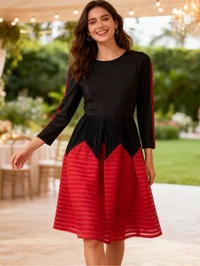 Women’s Black and Red Pleated Fit & Flare Long Sleeve Dress Size 36
